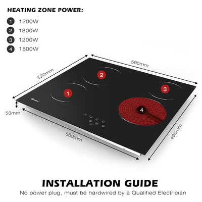 220V-240V 4 เครื่องเผา เครื่องครัวไฟฟ้า สร้างใน 24 นิ้ว เครื่องครัวเซรามิก 6000W